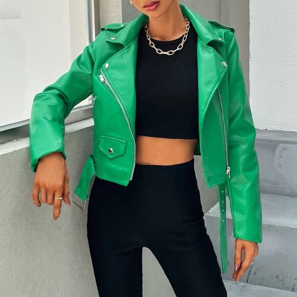 Green Casual Women's Zip Up Belted Pu Moto Jacket - Picture 4 of 7